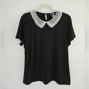 Karl Lagerfeld Black Top with White Crochet Collar